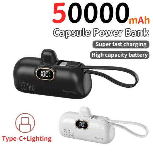 50000mAh Mini Capsule Power Bank 22.5W Fast Charging Portable External Battery with Built-in Cables & Digital Display Compatible with iPhone Huawei Samsung