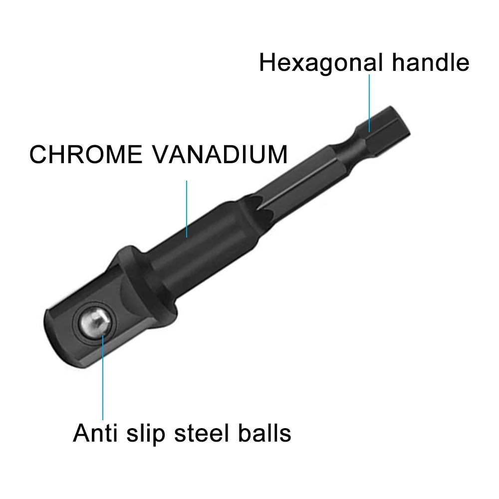 8-Piece Black Drive Adapter & Extension Rod Set for Screwdrivers — 1/4, 3/8, 1/2 in (6.35, 9.53, 12.7 mm), Assorted 25–73 mm
