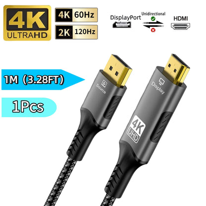 FDBRO DisplayPort to HDMI Cable - Uni-Directional, 4K@60Hz, HDR, VRR, Gold-Plated, Nylon Braided, 3.3/6.6/9.8ft, 1-5 Pack