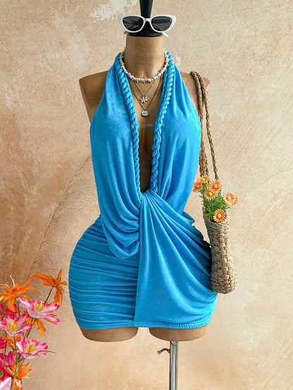 Women's Solid Backless Halter Mini Dress - High Stretch Slim Fit Sheath Dress with Elastic Waist for Beach, Vacation & Summer