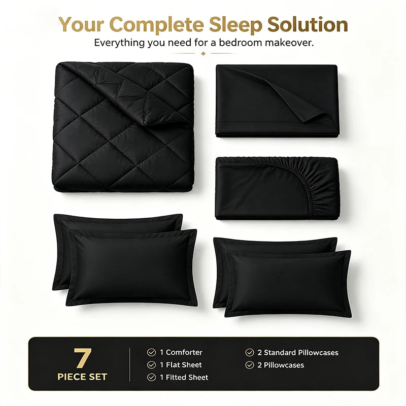 easYum Brushed Polyester Bedding Set - 7-Piece Quilted Comforter Set with Duvet Covers, Bed Sheet & Pillowcases, Twin/Full/Queen/King