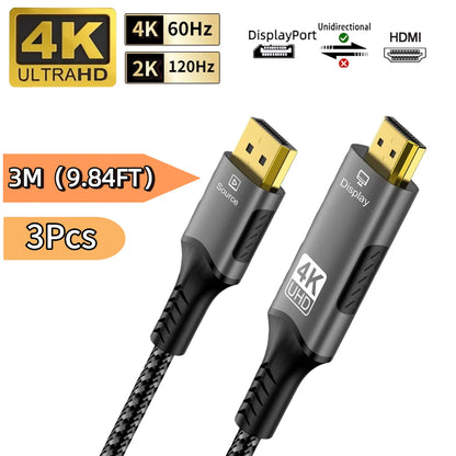 FDBRO DisplayPort to HDMI Cable - Uni-Directional, 4K@60Hz, HDR, VRR, Gold-Plated, Nylon Braided, 3.3/6.6/9.8ft, 1-5 Pack