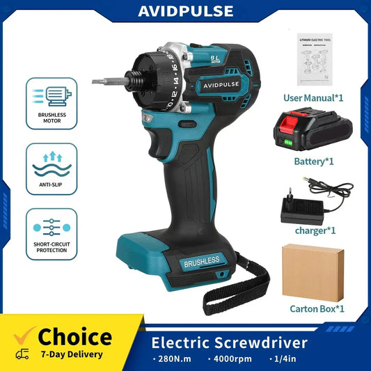 20+1 Gear 1/4-inch (6.35mm) Brushless Cordless Electric Screwdriver, 280 N·m Torque — 18V Battery Compatible