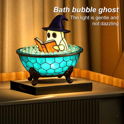 Ghost Bathtub Reading Night Light - Stained Glass & Resin Rechargeable Ambient Lamp with Iron Tripod Base, Halloween & Home Decor
