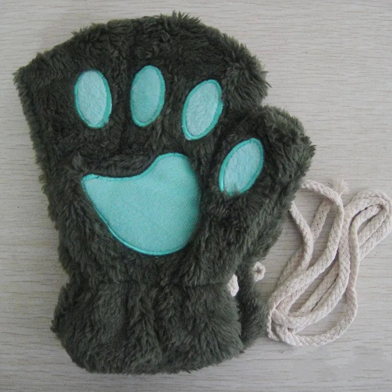 Cute Cat Paw Fingerless Mittens Plush Half-Finger Warm Fluffy Gloves for Women & Unisex