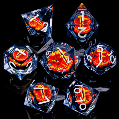 7-Piece Liquid Core Eye of Sauron Resin Dice Set Sharp-Edge D20 for D&D Tabletop RPG