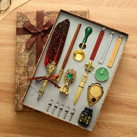 Retro Feather Dip Pen Calligraphy Set with Ink, 5 Nibs & Wax Seal Kit – Quill Writing Set for Stationery, Crafts & Gifts