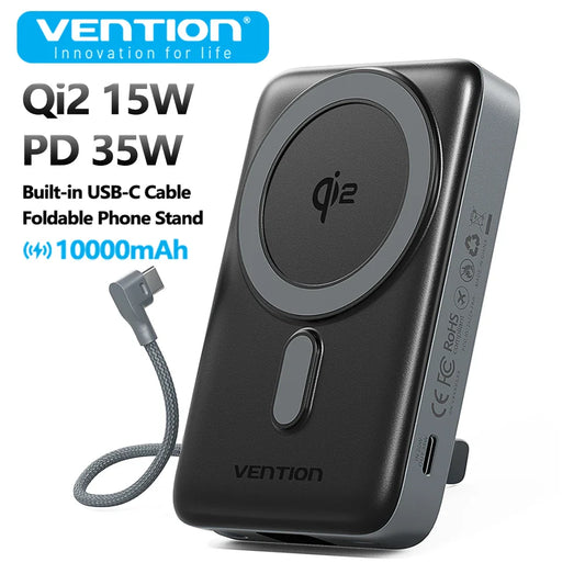 35W 10000mAh Qi2 Magnetic Power Bank 15W Wireless Fast Charger with Built-in USB-C Cable and Foldable Stand