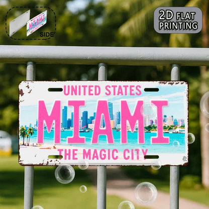 2DFlat Miami retro Metal Aluminum Sign License Plate，Travel Souvenirs，Friend Gift，Birthday Gift