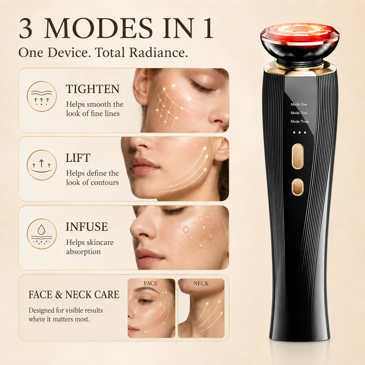 3-Mode LED Red Light Therapy Facial Massager Wand – Handheld Face & Neck Skincare Device for Home Spa