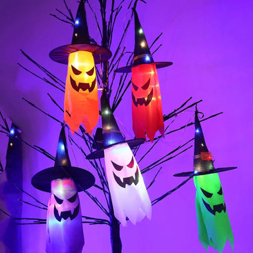 Halloween LED Glowing Ghost & Witch Hat Hanging Decorations – Set of 5 with LED String Lights for Outdoor Garden, Party & Porch Decor