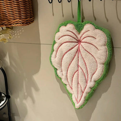 Leaf-Shaped Coral Fleece Hand Towel – Absorbent Hanging Kitchen & Bathroom Towel