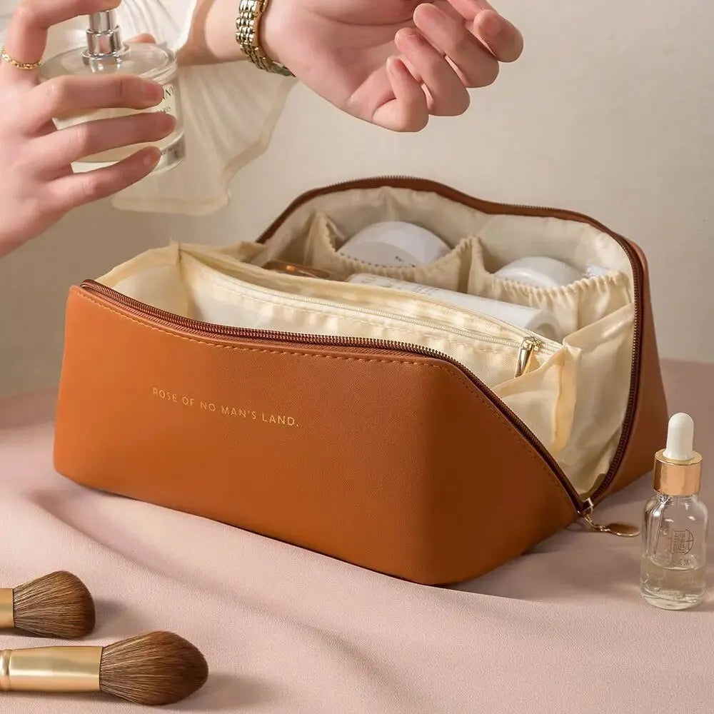 Luxury PU Leather Makeup Organizer Cosmetic Bag – Women's Travel Toiletry Case with Zipper