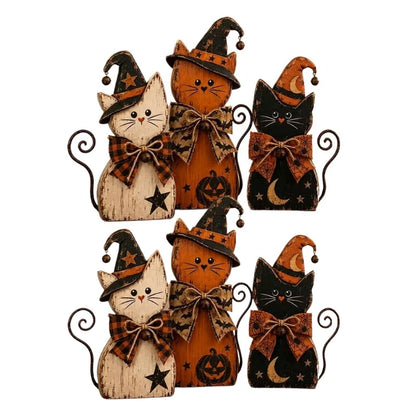 Halloween Wooden Cat Ornament Set, White, Orange and Black
