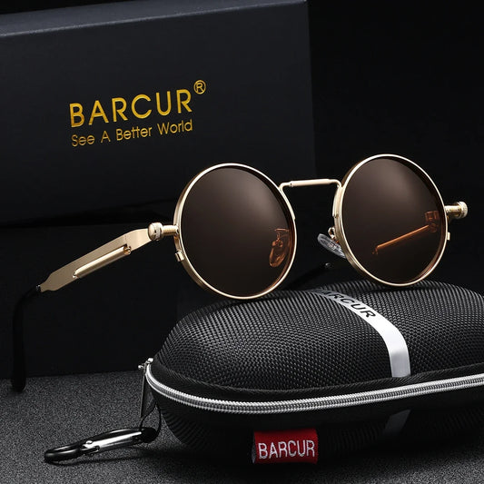 BARCUR Polarized Round Steampunk Sunglasses Retro UV400 Metal Frame for Men Women