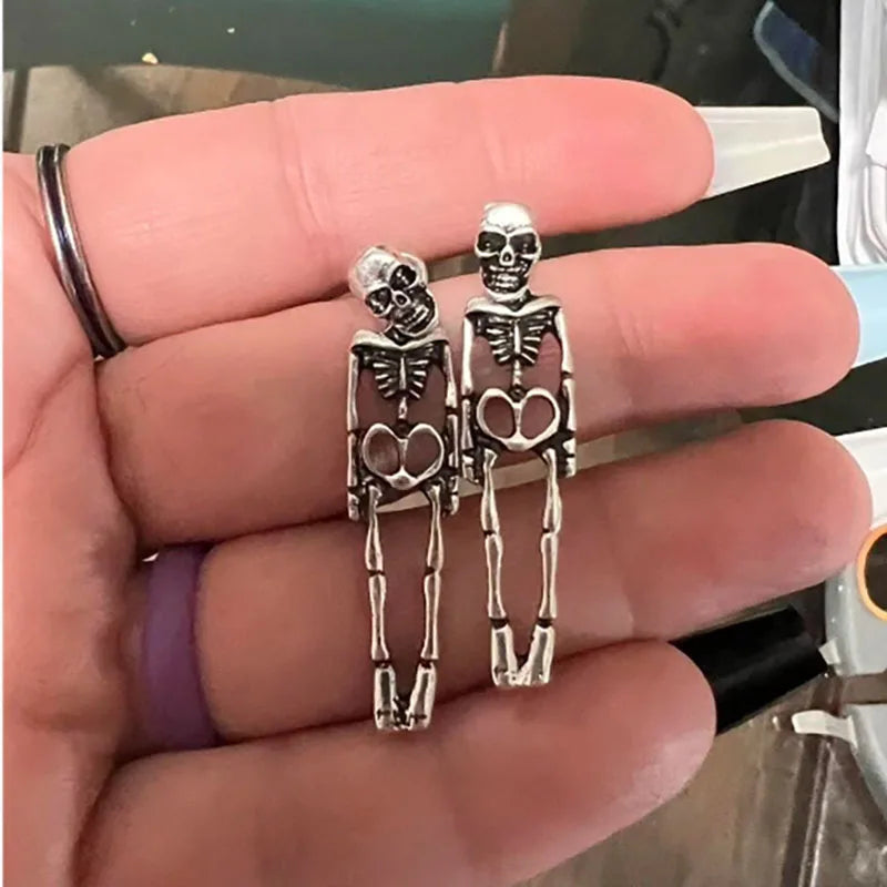 Halloween Skull Skeleton Dangle Earrings for Women – Neo-Gothic Punk Drop Earrings, Antique Silver Zinc Alloy, Detachable – 1 Pair