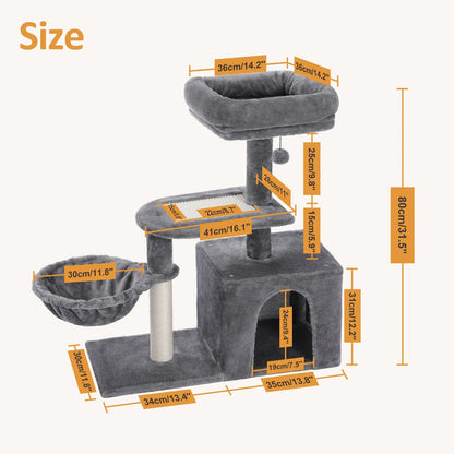 3-Tier Indoor Cat Tree Tower with Sisal Scratching Posts, Large Hammock & Removable Top Perch – Grey