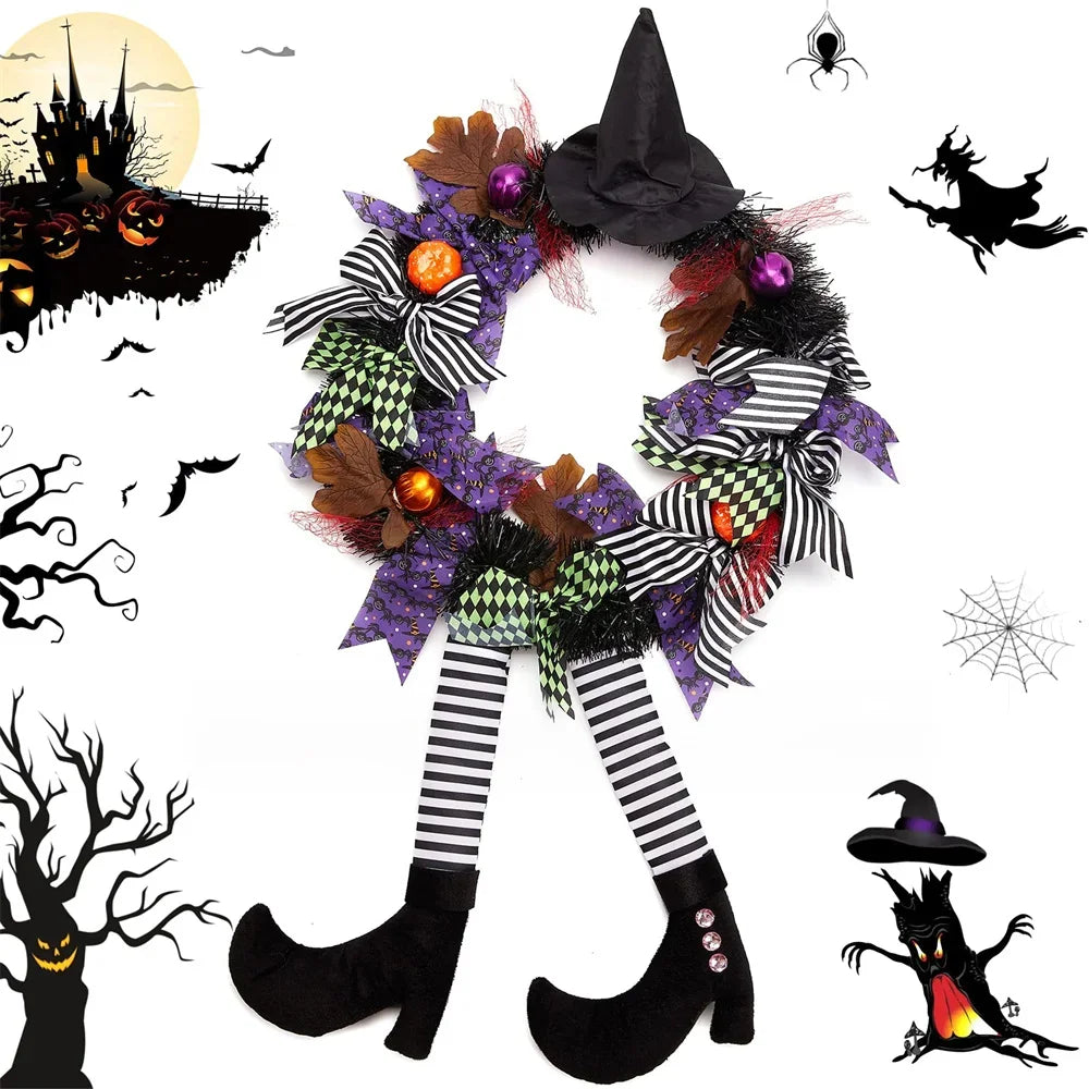 Halloween Witch Leg Pumpkin Wreath - Vintage Rattan Front Door Garland with Acorn, Maple Leaf & Pumpkin Decor for Outdoor Party Display