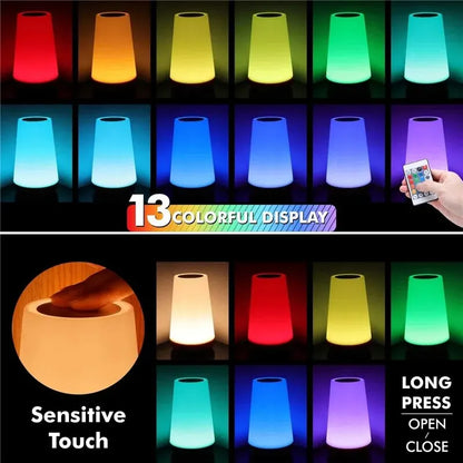 13-Color Touch & Remote RGB Rechargeable Night Light - Dimmable USB Portable Bedside Table Lamp
