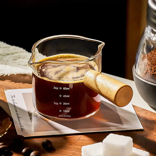 Heat-Resistant Glass Measuring Cup with Wood Handle - Clear Espresso & Milk Pouring Pitcher
