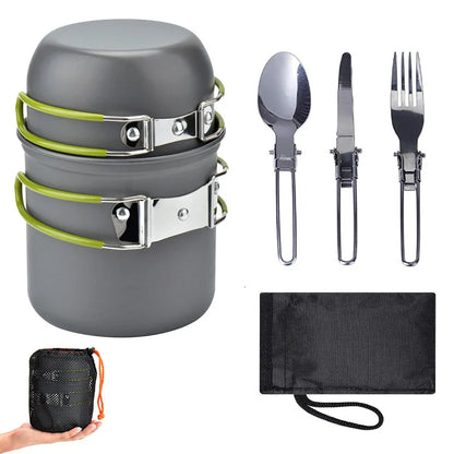 Portable 1-2 Person Aluminum Camping Cookware Set – Foldable Pot, Lid & Utensils