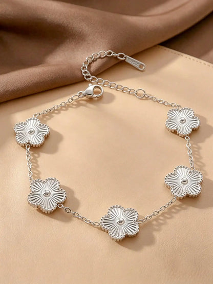 Five-Leaf Clover Charm Bracelet & Bangle Set – 18K Gold or Silver Plated Stainless Steel, Rhinestone Detail, Layered Jewelry for Women, 1pc or 3pc Sets