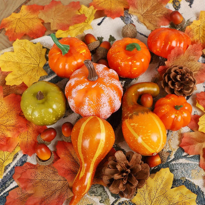 50-Piece Artificial Autumn Decoration Set, Pumpkins, Pine Cones and Maple Leaves