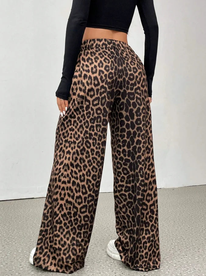 Women's Leopard Print Wide Leg Palazzo Pants – High Waist Loose Casual Trousers, Sizes S–XXL