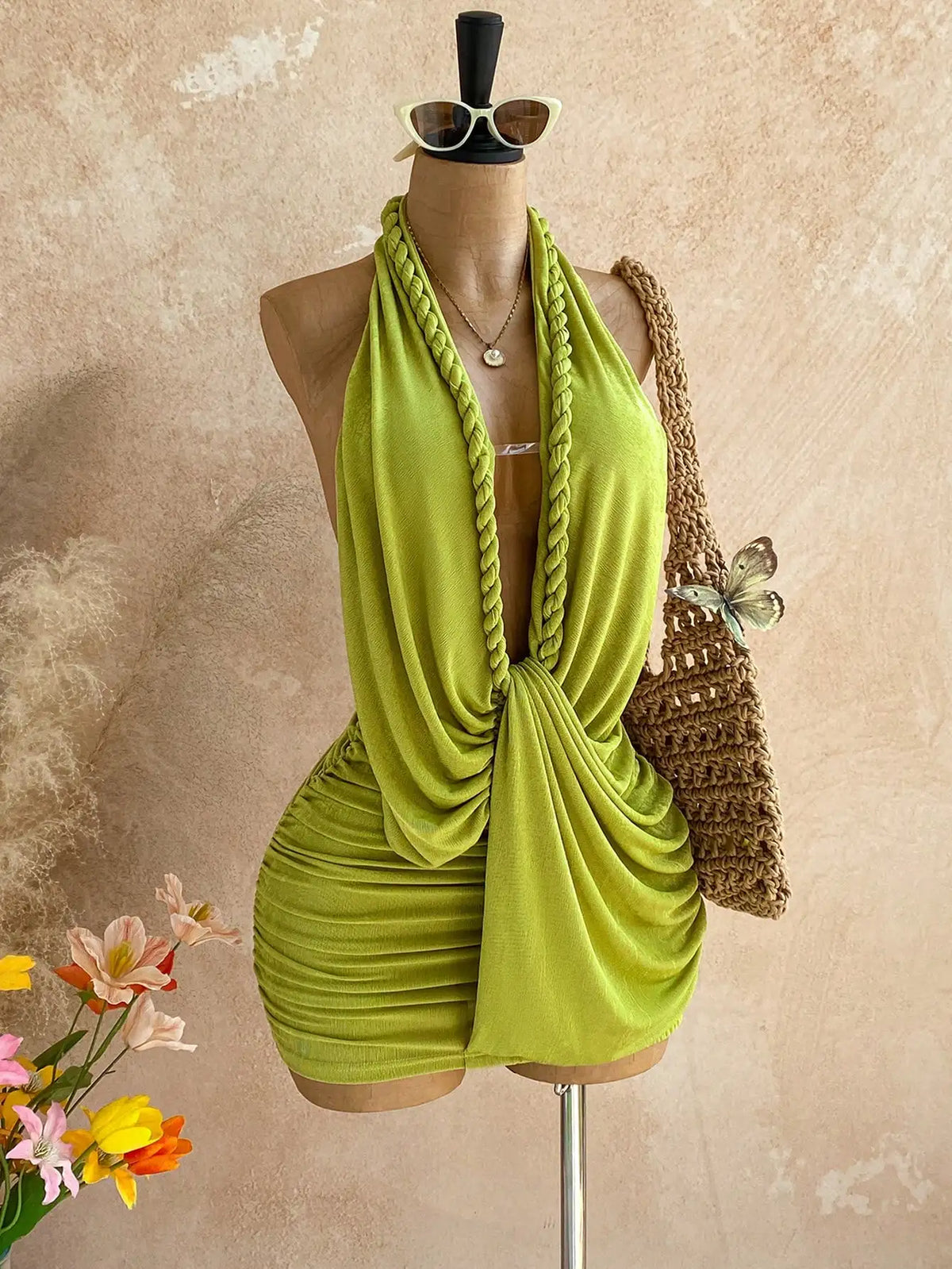 Women's Solid Backless Halter Mini Dress - High Stretch Slim Fit Sheath Dress with Elastic Waist for Beach, Vacation & Summer