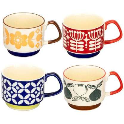 Japanese Flower Coffee Mug Set – Retro Ceramic Cup