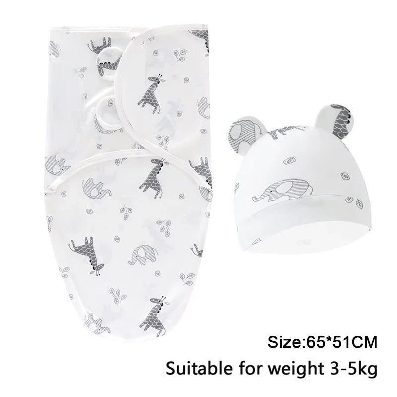 Baby Blanket Hat Set Cartoon Printed Cotton Newborn Swaddle Adjustable