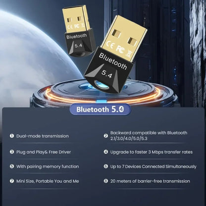 USB Bluetooth Adapter Dongle for PC — Bluetooth 5.4/5.3/5.1/5.0 Wireless Receiver for Speakers, Mouse & Keyboard