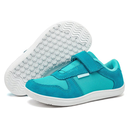 Kids Wide-Toe Barefoot Sneakers — Lightweight Hook & Loop Mesh with Faux Leather Toe