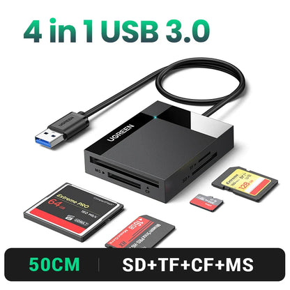 4-in-1 USB 3.0 & USB-C Card Reader – SD / MicroSD (TF) / CF / MS Multi-Card Adapter, OTG for Laptop PC Tablet