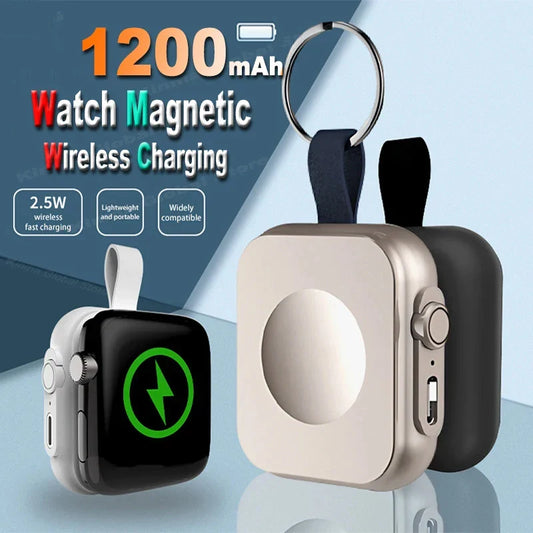 Mini Magnetic Wireless 1200mAh Power Bank for Smartwatches – Portable USB-C Fast Charger with Lightning & Micro USB