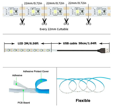 5V USB LED Strip Light 2835/SMD Warm & Cool White TV Backlight Home Decor 1-5m (3.3-16.4ft)