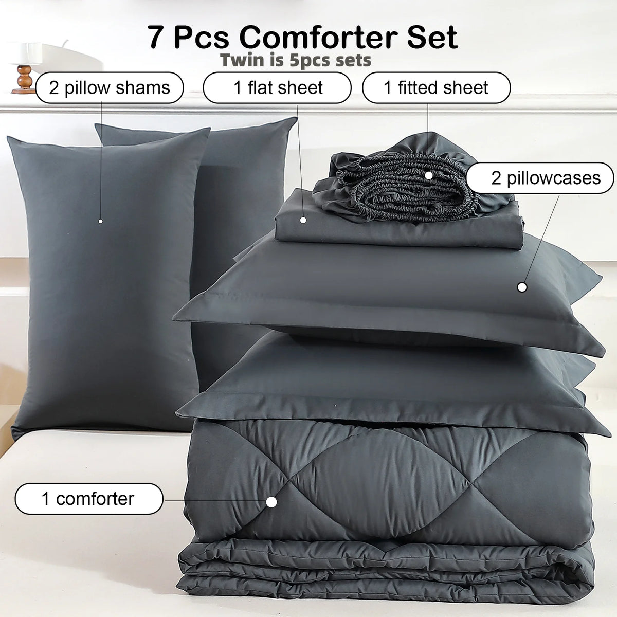 easYum Brushed Polyester Bedding Set - 7-Piece Quilted Comforter Set with Duvet Covers, Bed Sheet & Pillowcases, Twin/Full/Queen/King