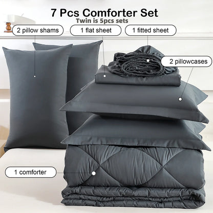 easYum Brushed Polyester Bedding Set - 7-Piece Quilted Comforter Set with Duvet Covers, Bed Sheet & Pillowcases, Twin/Full/Queen/King
