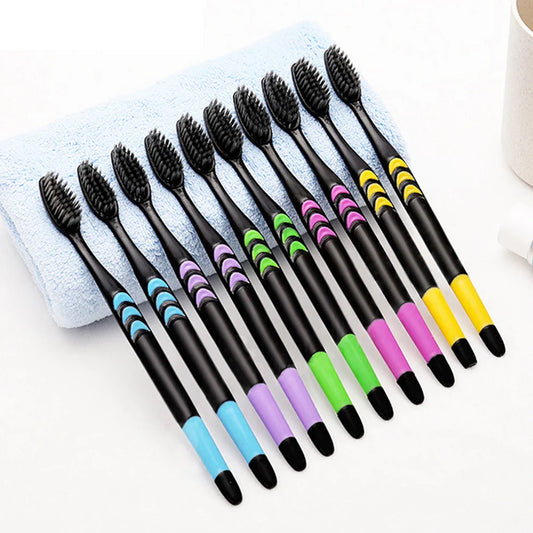 10-Pack Ultra-Soft Bamboo Charcoal Toothbrushes – Deep Cleaning Black Bristle Oral Care Set | Eco-Friendly, Gentle Gum Protection & Whitening Brush