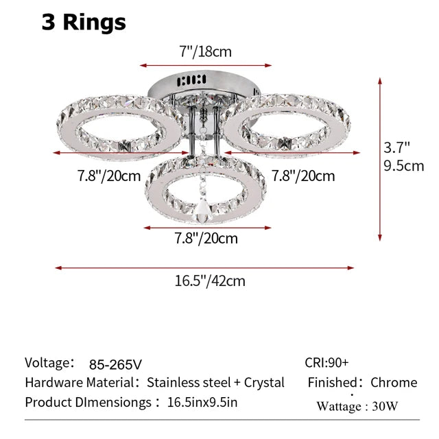 GreeLustr Modern LED Crystal Ring Chandelier – Dimmable Ceiling Pendant Light for Living Room, Bedroom & Dining Room (3 or 5 Rings)