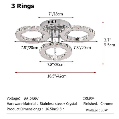 GreeLustr Modern LED Crystal Ring Chandelier – Dimmable Ceiling Pendant Light for Living Room, Bedroom & Dining Room (3 or 5 Rings)