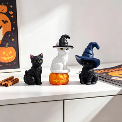 Halloween Witch Cat Resin Figurine - Spooky Cat with Witch Hat, Pumpkin, Skull & Moon Statue for Tabletop, Mantel & Shelf Decor - 5 Designs