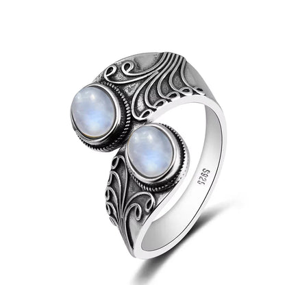 925 Vintage Silver Ring with Natural Moonstone 6*8mm Adjustable Rings