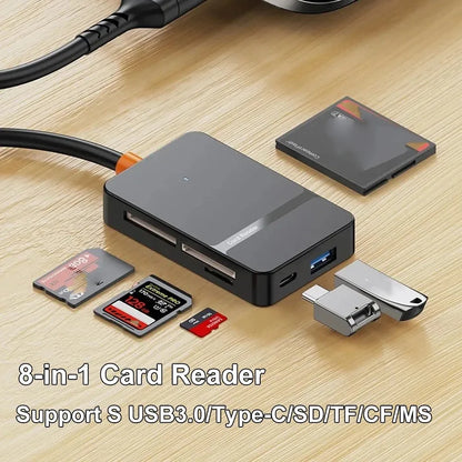 8-in-1 USB 3.0 Multi Card Reader Hub — CF/SD/MicroSD/MS/TF Adapter for PC, Camera & Mobile