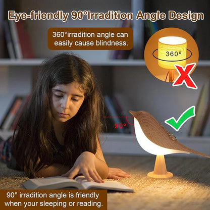 Wood-Effect Bird LED Night Light — Touch Rechargeable Bedside Lamp, 3-Color Dimmable