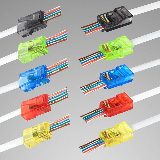 50-Pack RJ45 Pass-Through Connectors CAT5e Unshielded UTP Crystal Heads for Solid & Stranded Cables (Assorted Colors)