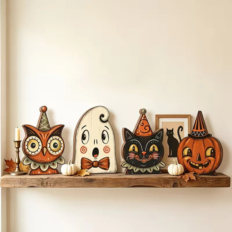 Wooden Halloween Shelf Decor Blocks, Vintage Seasonal Accent