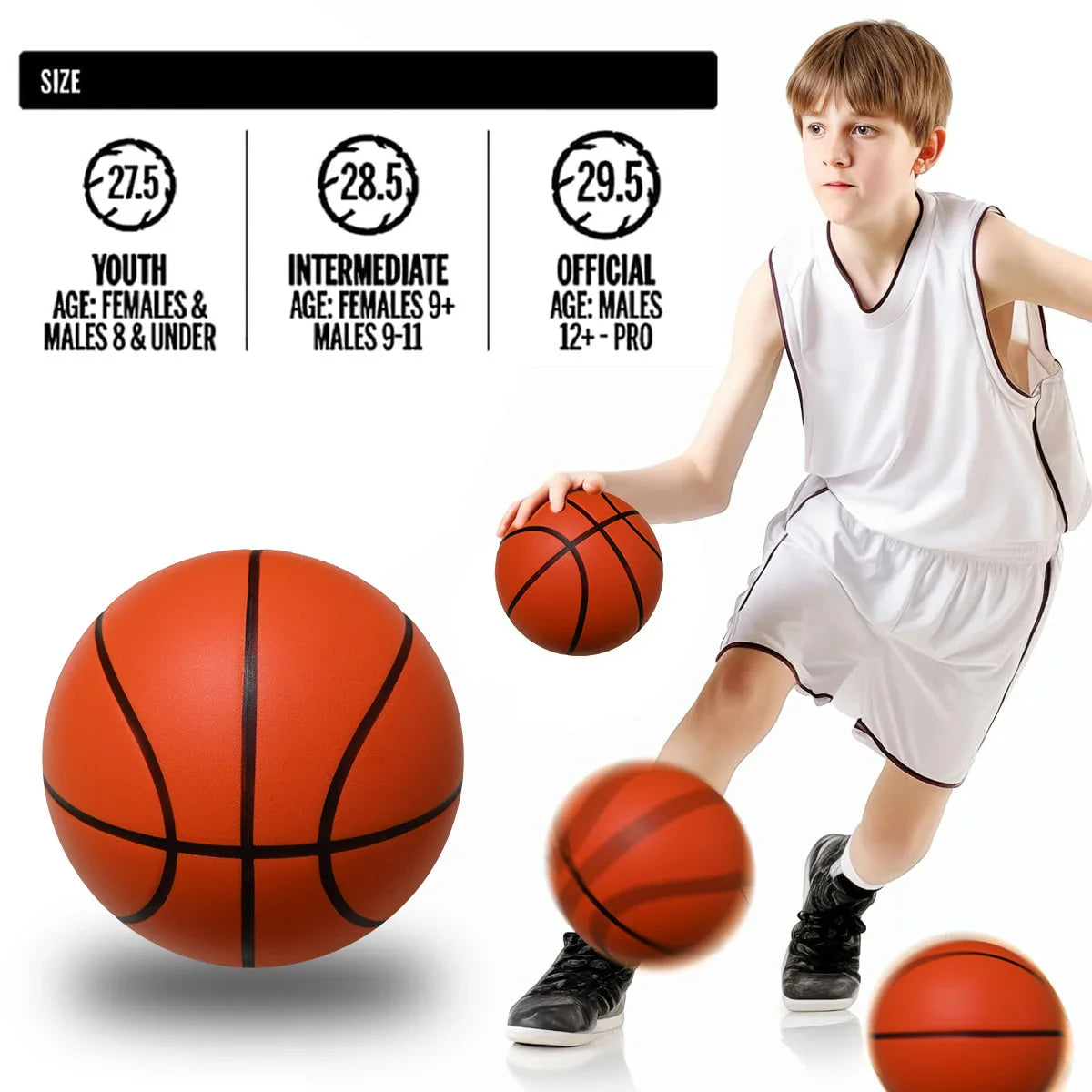Silent Foam Basketball for Indoor Play — Airless, Sizes 5/6/7