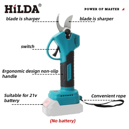 Brushless Cordless Electric Pruning Shears 500W - 18V Battery Compatible Bypass Pruner for Fruit Trees