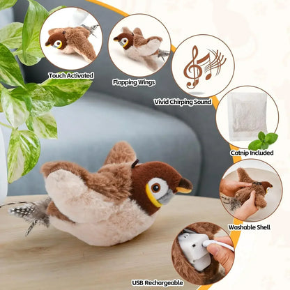 Rechargeable Interactive Cat Toy – Touch-Activated Chirping Flapping Bird Plush with Catnip